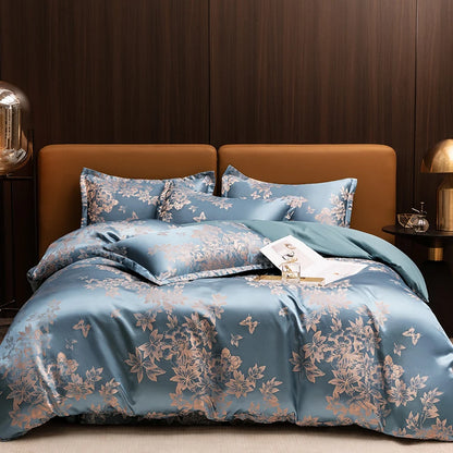 Floral Jacquard Satin Duvet Cover Set Queen 3 Piece Luxury Silk Like Bedding Comforter Covers with Zipper Closure & Corner Ties