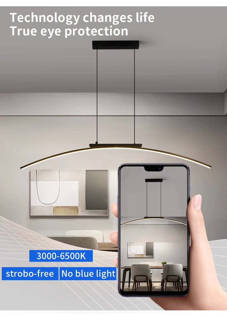 Modern LED Pendant Light Dimmable Hanging Lamp for Dining Room Kitchen Minimalist Arc Design Restaurant Energy Saving, Easy Inst
