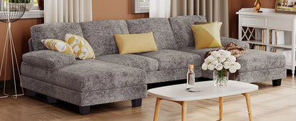 Sectional Couches for Living Room,U-Shaped Couch w/ Linen Fabric, 4 Seat Sofa Set w/ Double Chaise for Apartment (Fabric, White)