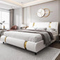 Modern Faux Leather Upholstered Platform Bed Frame with Golden Iron Metal Decor, Adjustable Curved Headboard, Queen Size, White