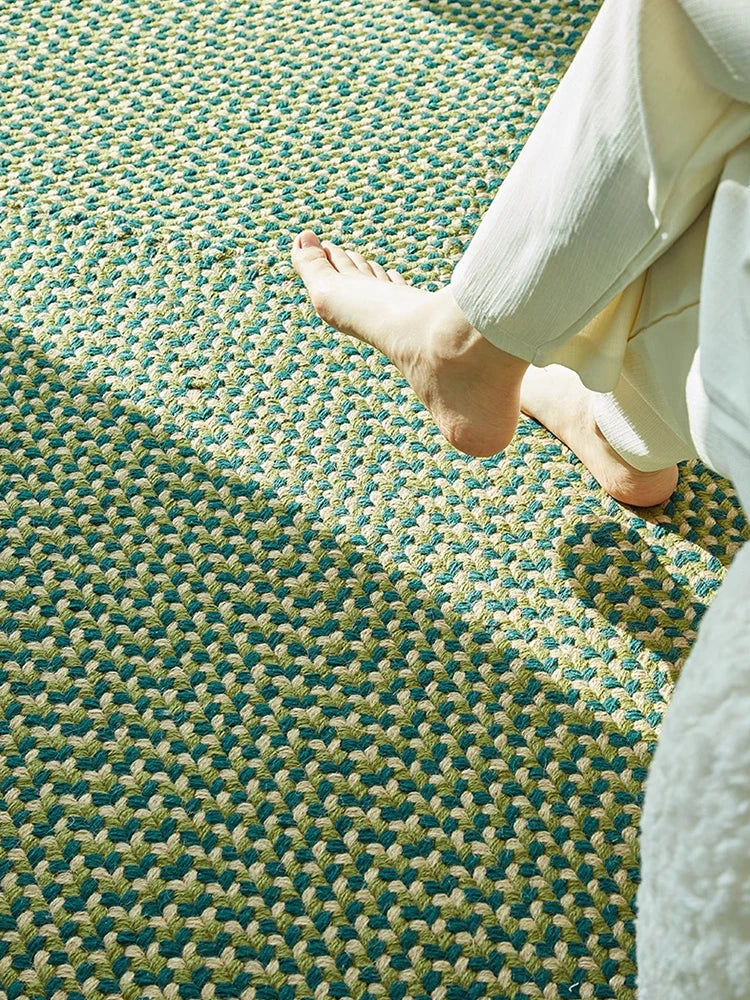 Green Hand Woven Cotton Carpet Living Room Light Luxury Modern Villa Area Rug Decor Home Study Non-slip Mat Bedroom Rug Large