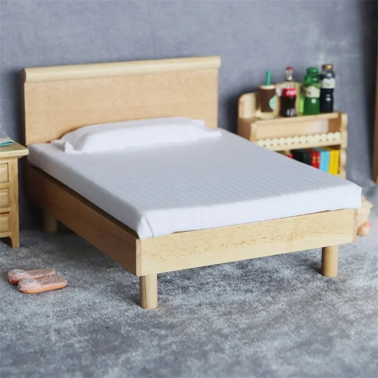 1:12 Scale Miniature Dollhouse Double Bed Mini Bedroom Wardrobe Furniture for OB11 BJD Doll Accessories Toy