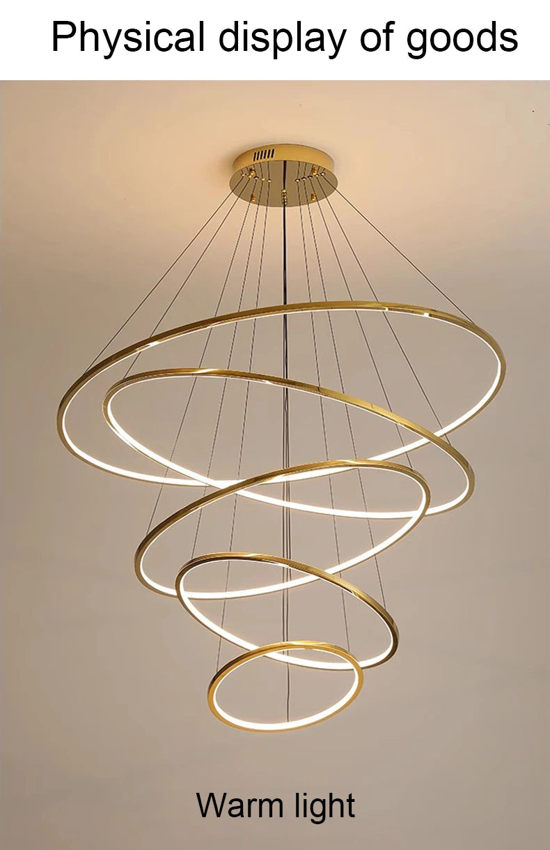 Ring lamp LED chandelier dining room bedroom duplex floor living room large chandelier staircase loft stainless steel chandelier