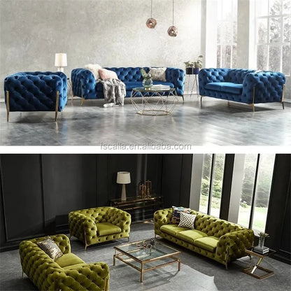 Home Furniture Chesterfield Design Royal Luxury Gold Foot Living Room Genuine Leather Velvet Sofa Set