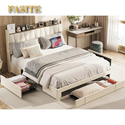 Queen Size Bed Frame with 3 Drawers, Upholstered Platform Beds with Storage Headboard and Charging Station