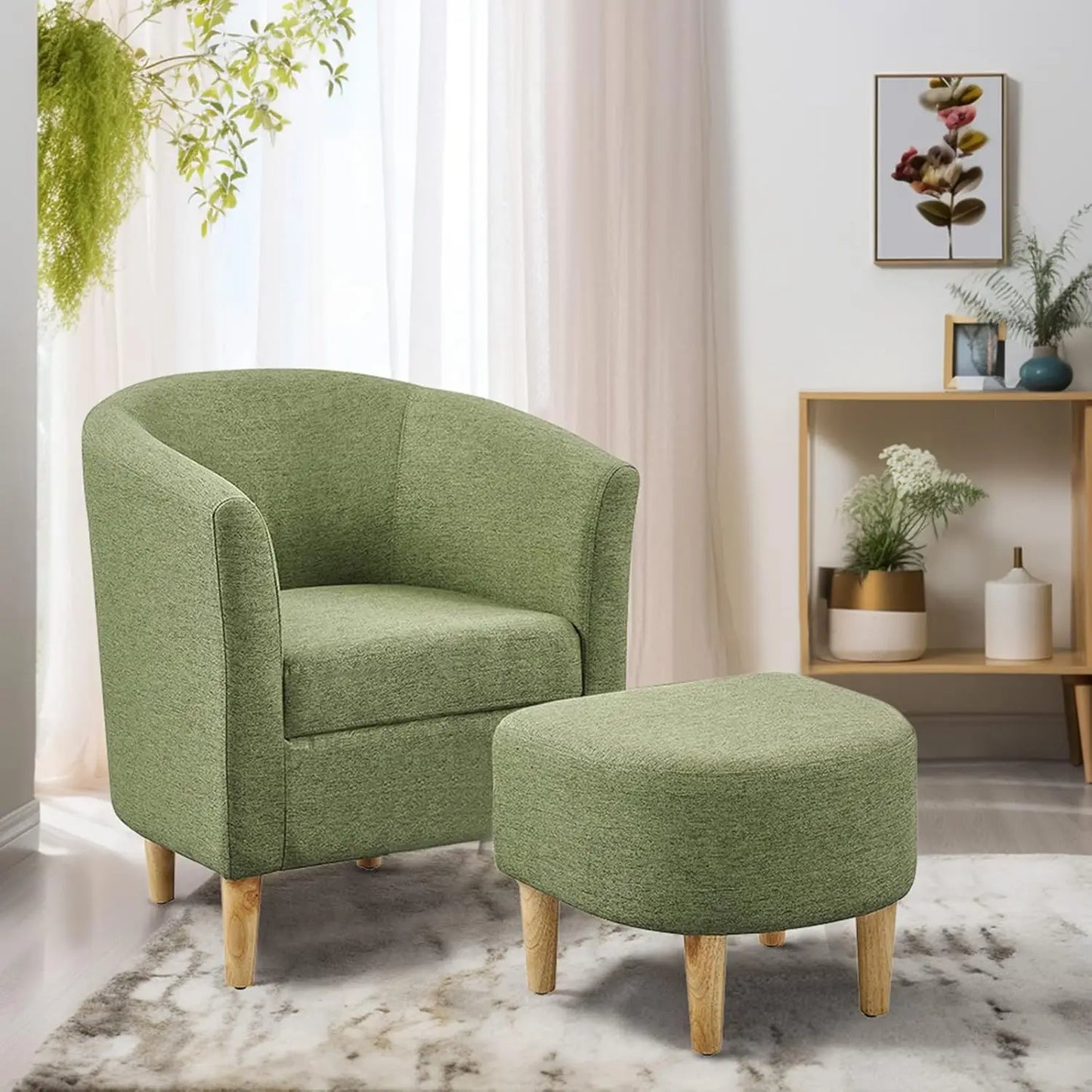 Accent Chair, Sherpa Chair White Fluffy Chair Teddy Barrel Chair with Ottoman Comfy ArmChair Footrest Set