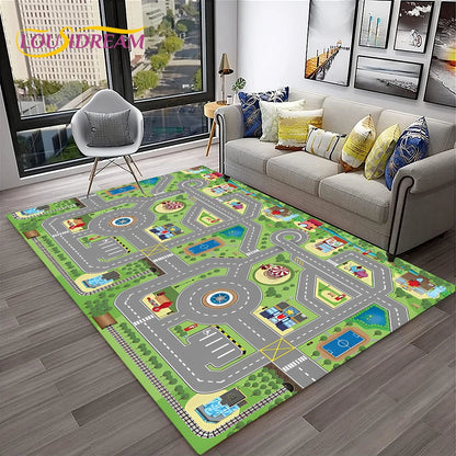 Child Playmat Traffic Highway City Playroom Carpet Rug for Home Living Room Bedroom Doormat Decor, Area Rug Non-slip Floor Mat