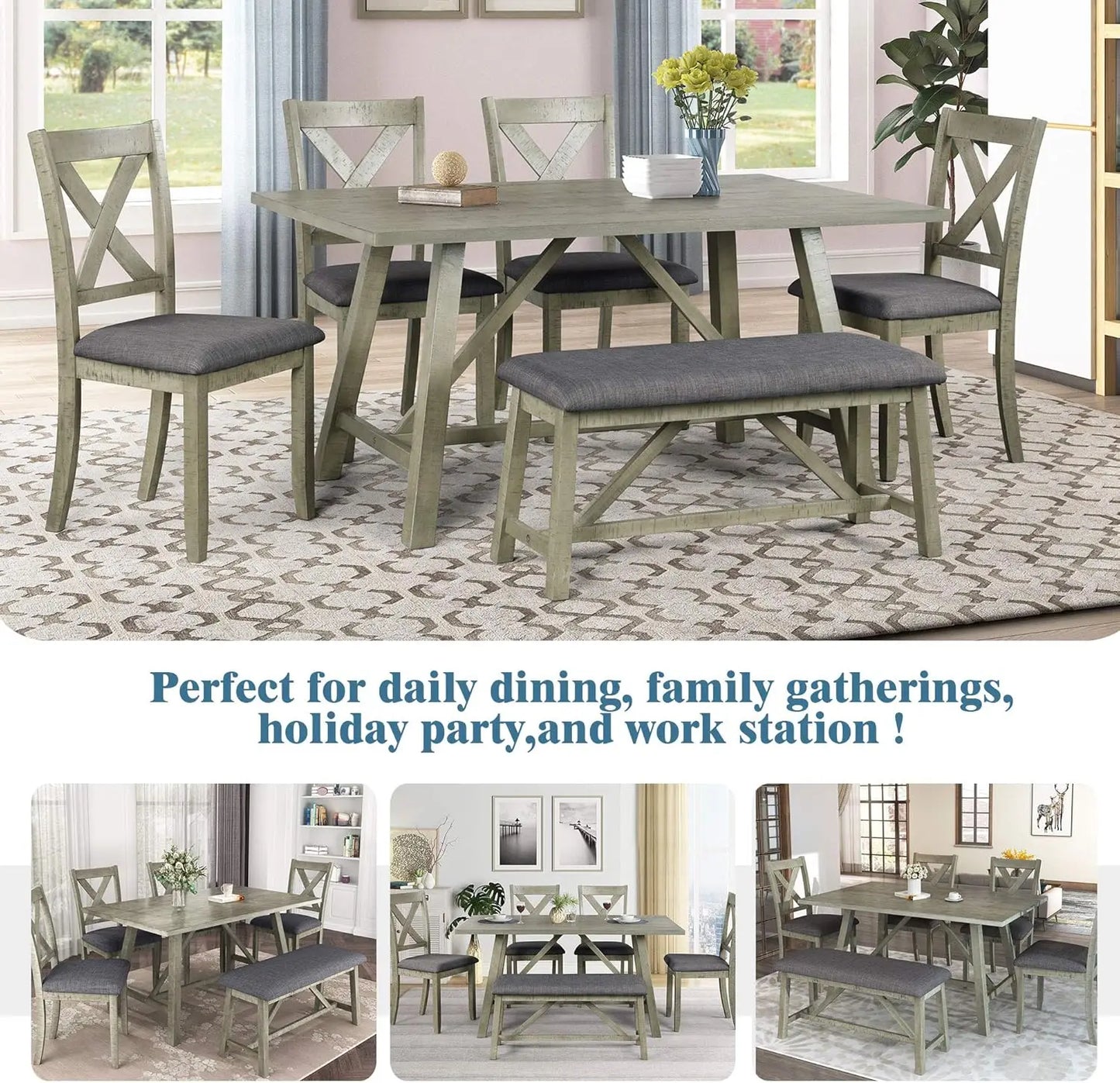 6 Pieces Dining Table Set with Bench, Rectangle Dining Table with 4 Upholstered Chairs & A Bench, Rubber Wood Dining Table Set