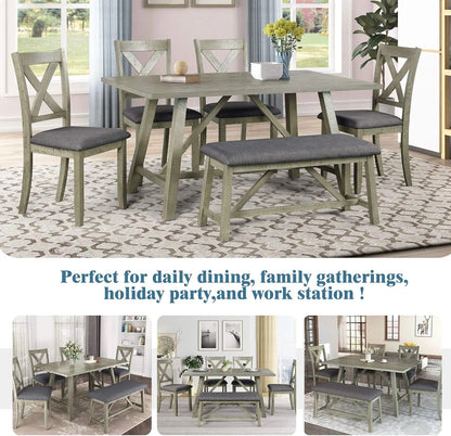 6 Pieces Dining Table Set with Bench, Rectangle Dining Table with 4 Upholstered Chairs & A Bench, Rubber Wood Dining Table Set