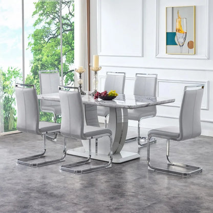 63" Morden Faux Marble Dining Room Table Set,Big Kitchen Dining Table for 6-8 with MDF Base,7 Piece Rectangle Dining Table Set