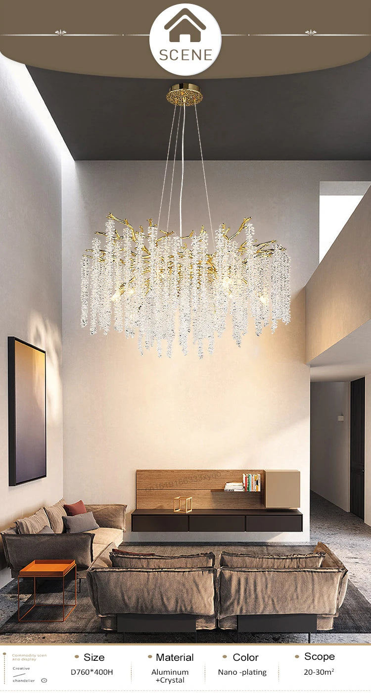 Round Gold Crystal Chandelier For Bedroom Living Room Dining Room Lounge Modern Luxury Gold Ceiling Crystal Branch Chandeliers