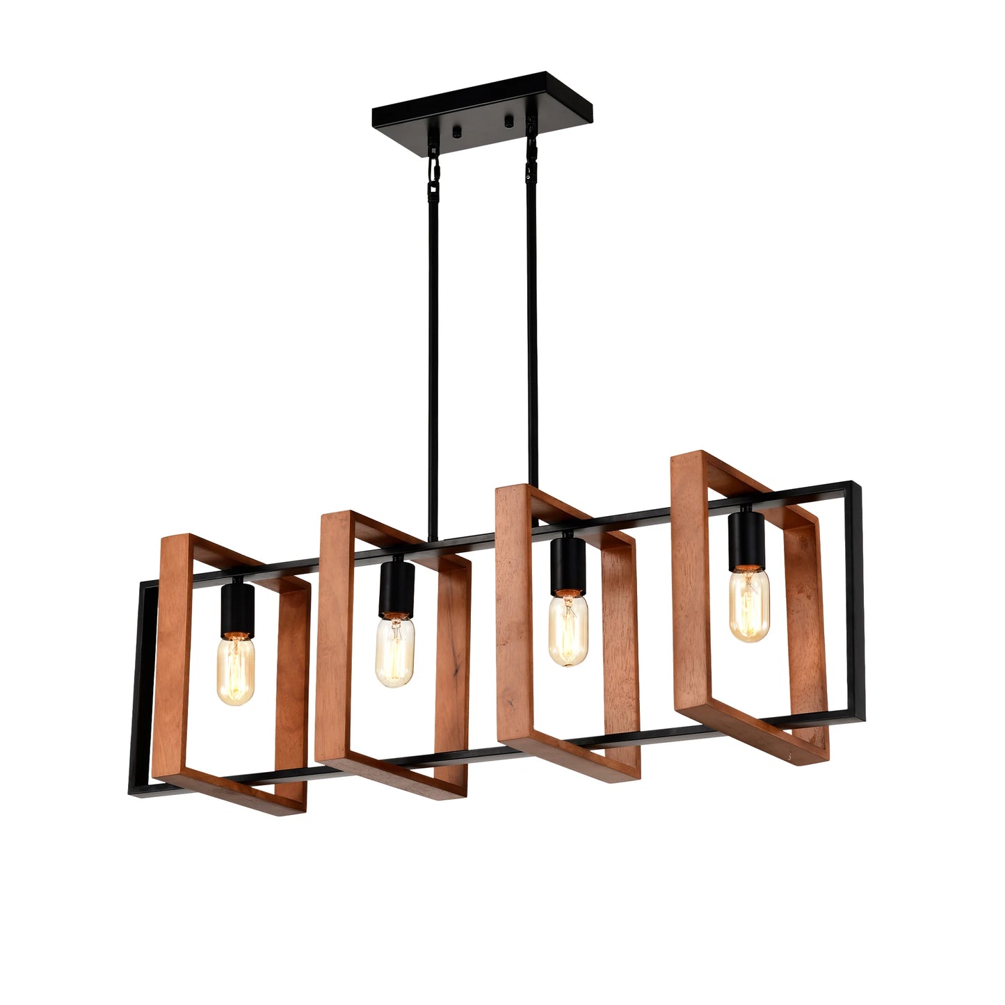 4-Light Kitchen Island Lights Pendant Light Farmhouse Dining Room Light Fixture, Rustic Wood and Black Metal Rectangular Chandel