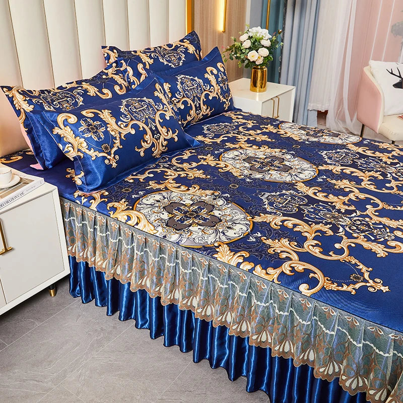3pcs Set Luxury Classic Floral Bed Skirt with Pillowcase, Ice Silk Flower Print Bedding Set for Dorm, Bedroom, Guest Room Decor
