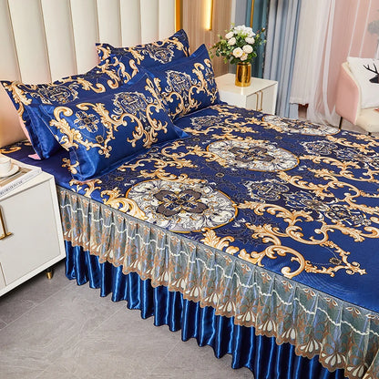 3pcs Set Luxury Classic Floral Bed Skirt with Pillowcase, Ice Silk Flower Print Bedding Set for Dorm, Bedroom, Guest Room Decor