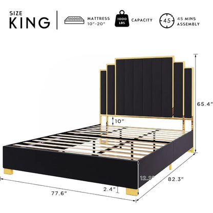 Queen Size Bed Frame and 61" Headboard, Upholstered Bed with Golden Plating Trim, Modern Platform Bed, Bed Bedroom Furniture