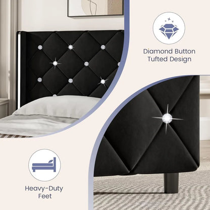 King Size Bed Frame, Velvet Upholstered Platform Bed King Size with Diamond Tufted Headboard and Footboard, Wooden Slats Support