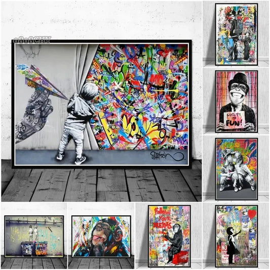 Canvas Wall Art Painting Abstract Banksy Graffiti Art Picture Funny Monkey Street Pop Wall Art Posters for Home Bedroom Decor