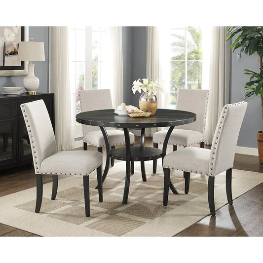 Furniture Biony Dining Collection Espresso Wood Set Fabric Nailhead Chairs