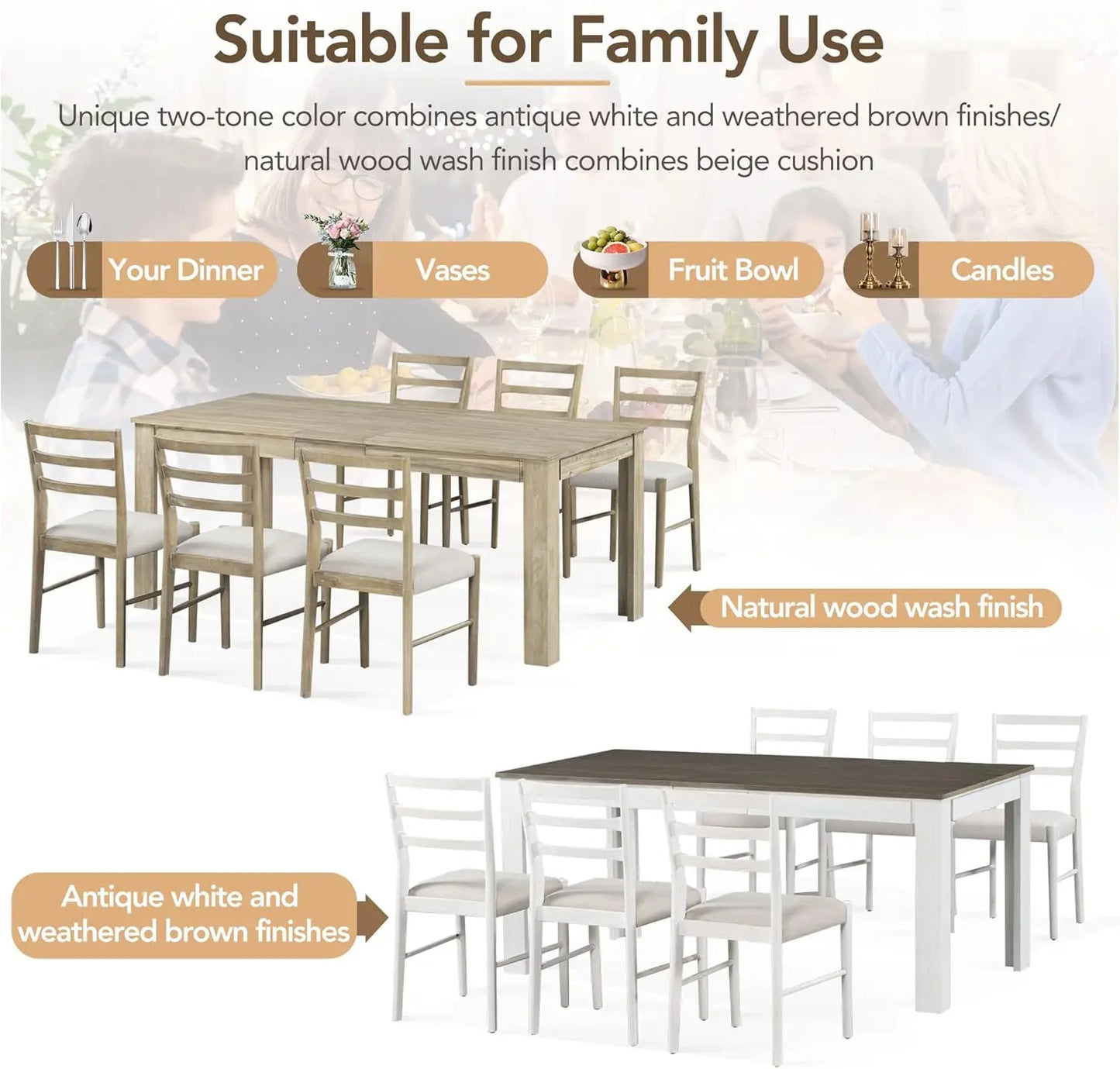 6 Pieces Dining Table Set with Bench, Rectangle Dining Table with 4 Upholstered Chairs & A Bench, Rubber Wood Dining Table Set