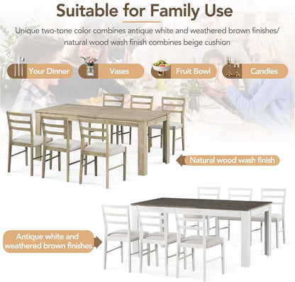 6 Pieces Dining Table Set with Bench, Rectangle Dining Table with 4 Upholstered Chairs & A Bench, Rubber Wood Dining Table Set