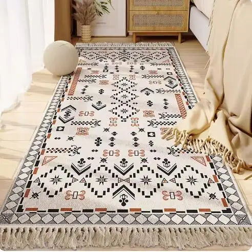 Morocco Bedroom Living Room Bedside Carpet Floor Mat Floral Kilim Cotton Linen Rectangular Rug Persian Tassel Carpet Tapis