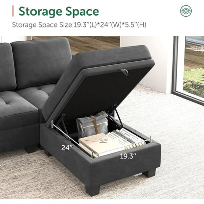 Velvet Modular Sectional Sofa, L Shaped Sofa Couch with Storage Top Tray Ottoman U Shape Sectional Couch for Living Room