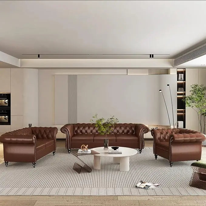 2-piece Living Room Set, Chesterfield Leather Double Sofa with Scroll Armrests and Nail Heads