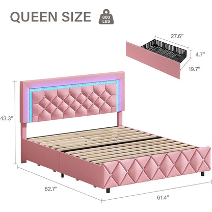 Queen Size Bed Frame with LED Lights, Upholstered Bed Frame with 4 Storage Drawers, with Diamond Headboard and Footboard