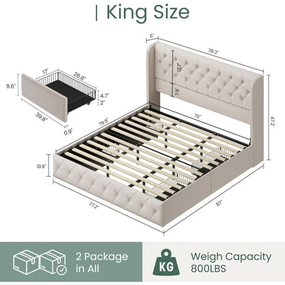King Size Bed Frame with 4 Storage Drawers and Tufted Headboard Linen Upholstered Platform Bed Frame Wingback Beds.