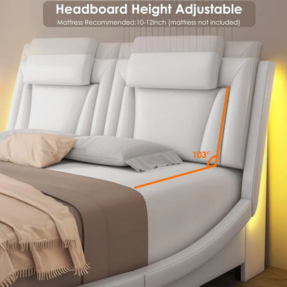 Upholstered Bed Frame, Adjustable LED Headboard, Pu Leather Platform Bed with Wave-Like Curve Design and Solid Wooden, Queen Bed