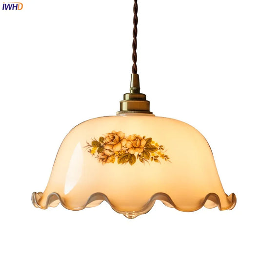 IWHD Flower Glass Vintage LED Pendant Lights Fixtures Restaurant Bedroom Living Room Light Copper Hanging Lamp Home Indoor Decor