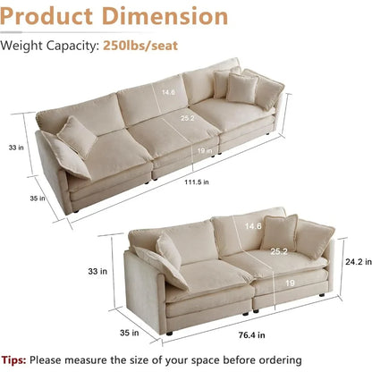 Luxury oversized 3-piece sofa set, 2-piece 2-seater and 1-piece 3-seater sofas, modern and comfortable cloud sofa set