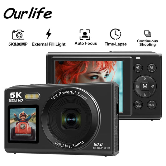 Ourlife Digital Camera Dual Screen 18X Digital Zoom 5K WIFI Vintage Vlog Video Recorder YouTube With Flash Photography Cameras