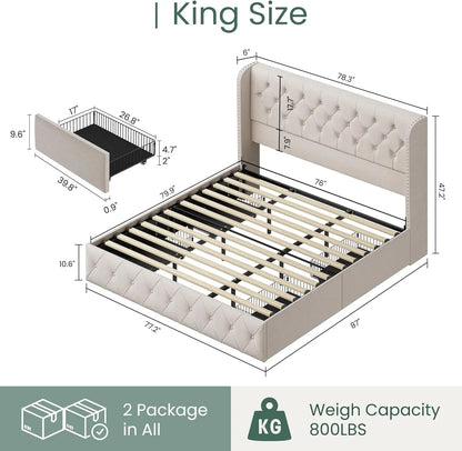 King Size Bed Frame with 4 Storage Drawers and Tufted Headboard Linen Upholstered Platform Bed Frame Wingback Beds.