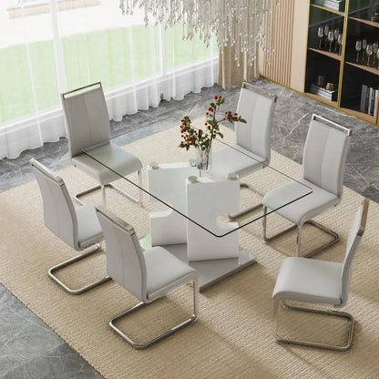 Modern dining table set for 6 people, glass table with 6 faux leather chairs, kitchen display table, suitable for living room