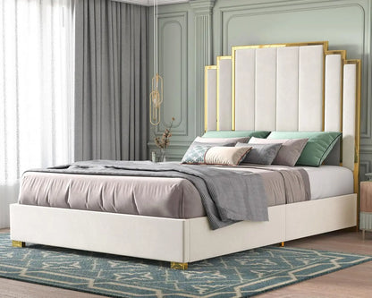 bedstead King Size and 65" Headboard, Upholstered Bed with Golden Plating Trim, Platform Bed No Box Spring Needed,bedstead