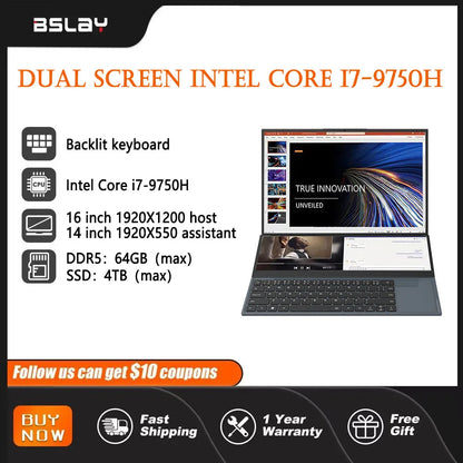 16+14 Dual Screen Touch Intel Core i7-9750H Gaming Business Laptop RAM 64GB SSD 4TB Backlight 6-Core 12 Thread DDR4 HD 4.5GHz