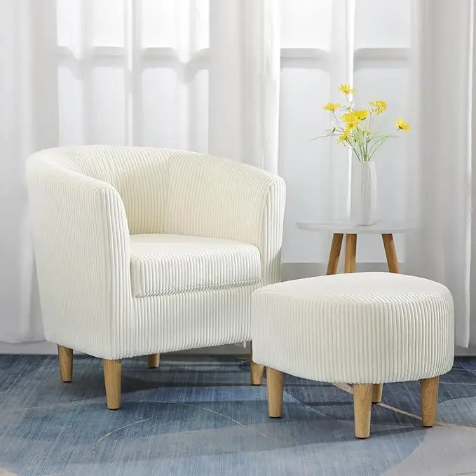Mid Century Modern Barrel Comfy Fabric Armchair and Footrest Set, Upholstered Club Tub Round Arms Chair for Living Room Bedroom