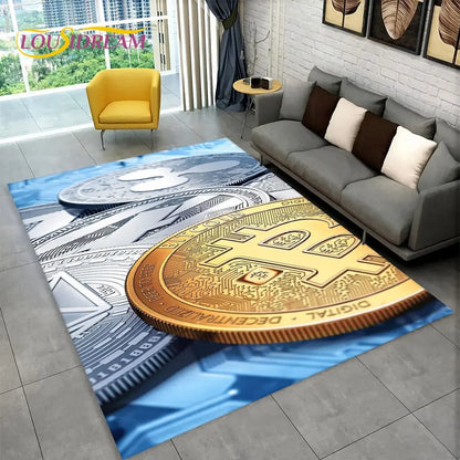 3D Bitcoin Virtual Currency Area Rug Large, Carpet Rug for Living Room Bedroom Sofa Playroom Doormat Decor, Kid Non-slip Floor Mat