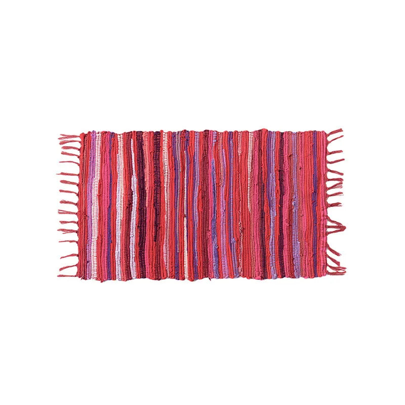 Cotton Tassel Carpet Rug Handmade Bedroom Rug Bedside Floor Mat Entrance Doormat Stripe Kitchen Mat Machine Washable Bath Rug