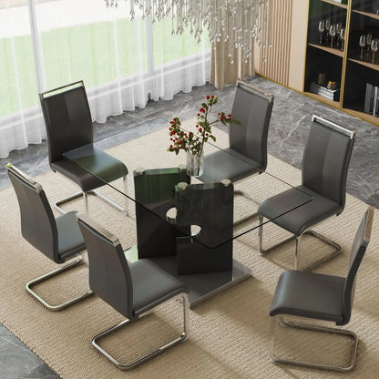 Modern dining table set for 6 people, glass table with 6 faux leather chairs, kitchen display table, suitable for living room