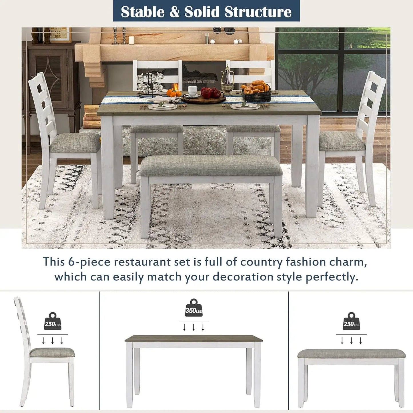 6 Pieces Dining Table Set with Bench, Rectangle Dining Table with 4 Upholstered Chairs & A Bench, Rubber Wood Dining Table Set