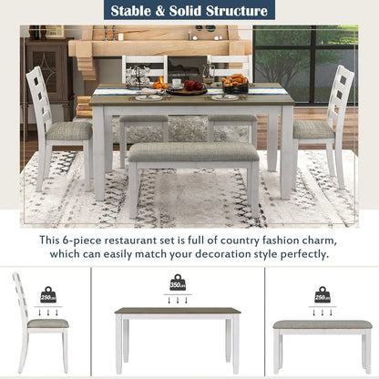 6 Pieces Dining Table Set with Bench, Rectangle Dining Table with 4 Upholstered Chairs & A Bench, Rubber Wood Dining Table Set