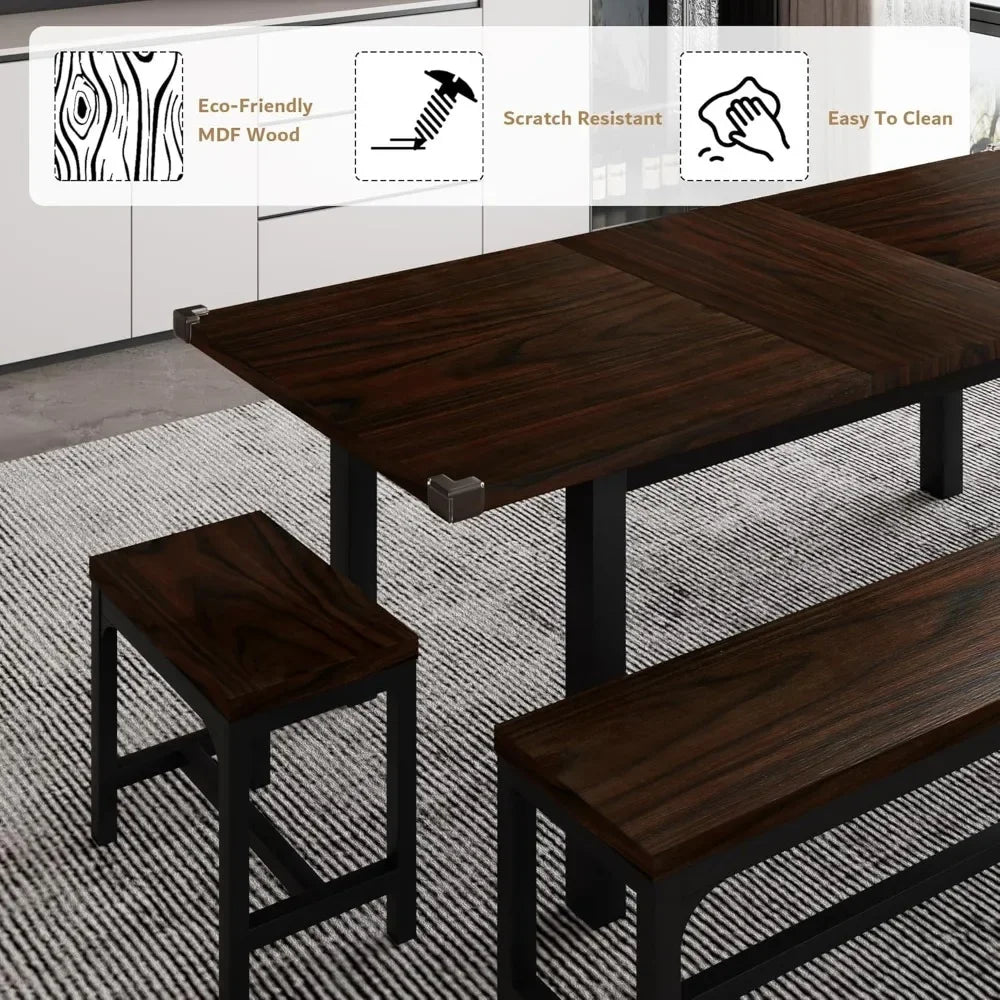 Dining Table Set for 4-8 People, Extendable Kitchen Table Set with 2 Benches and 2 Square Stools