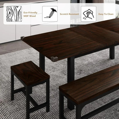 Dining Table Set for 4-8 People, Extendable Kitchen Table Set with 2 Benches and 2 Square Stools