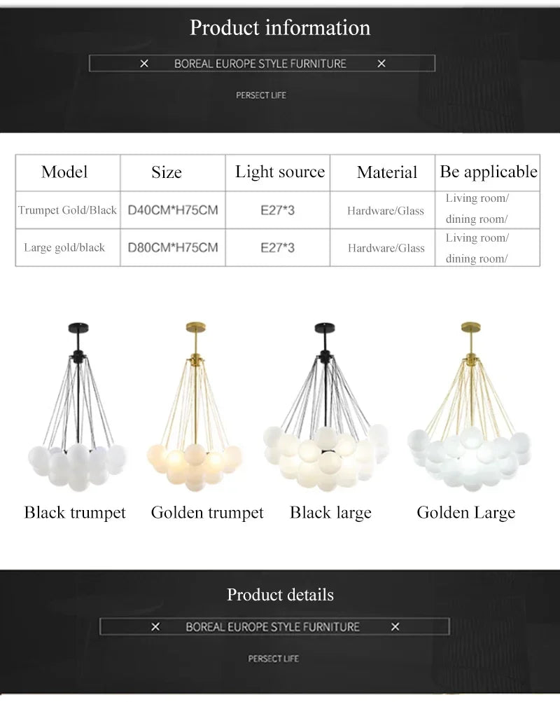 Nordic Bubble Glass Chandelier for Living Dining Table Room Decoration Frosted Glass Gold Black LED Ceiling Pendant Light