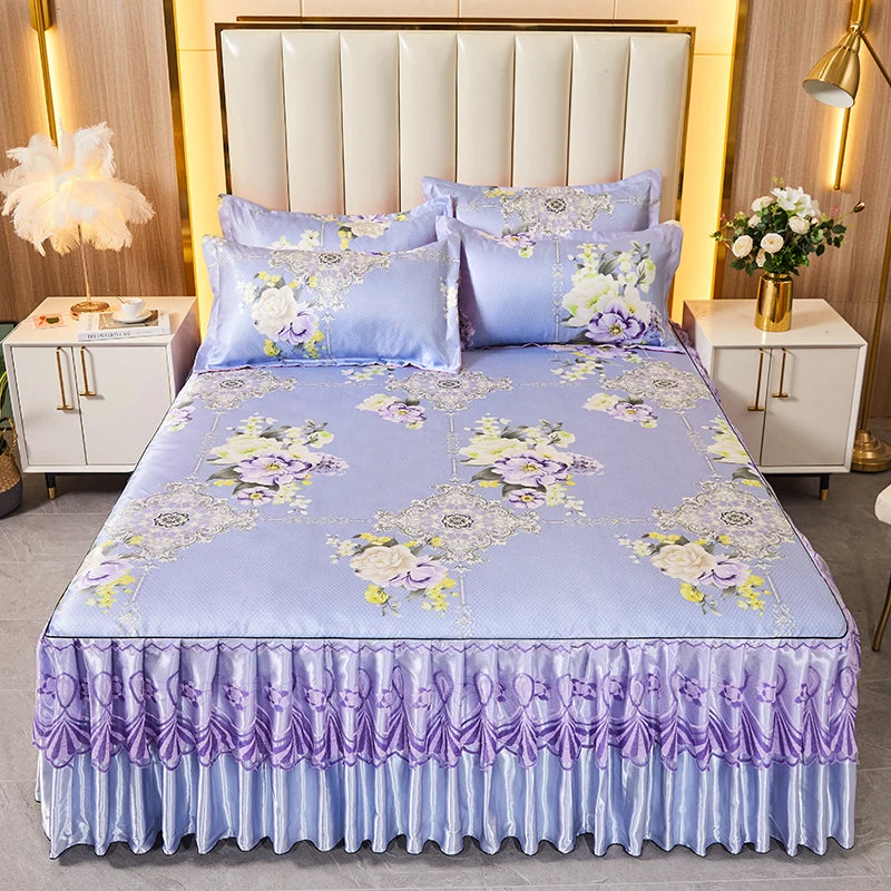 3pcs Set Luxury Classic Floral Bed Skirt with Pillowcase, Ice Silk Flower Print Bedding Set for Dorm, Bedroom, Guest Room Decor