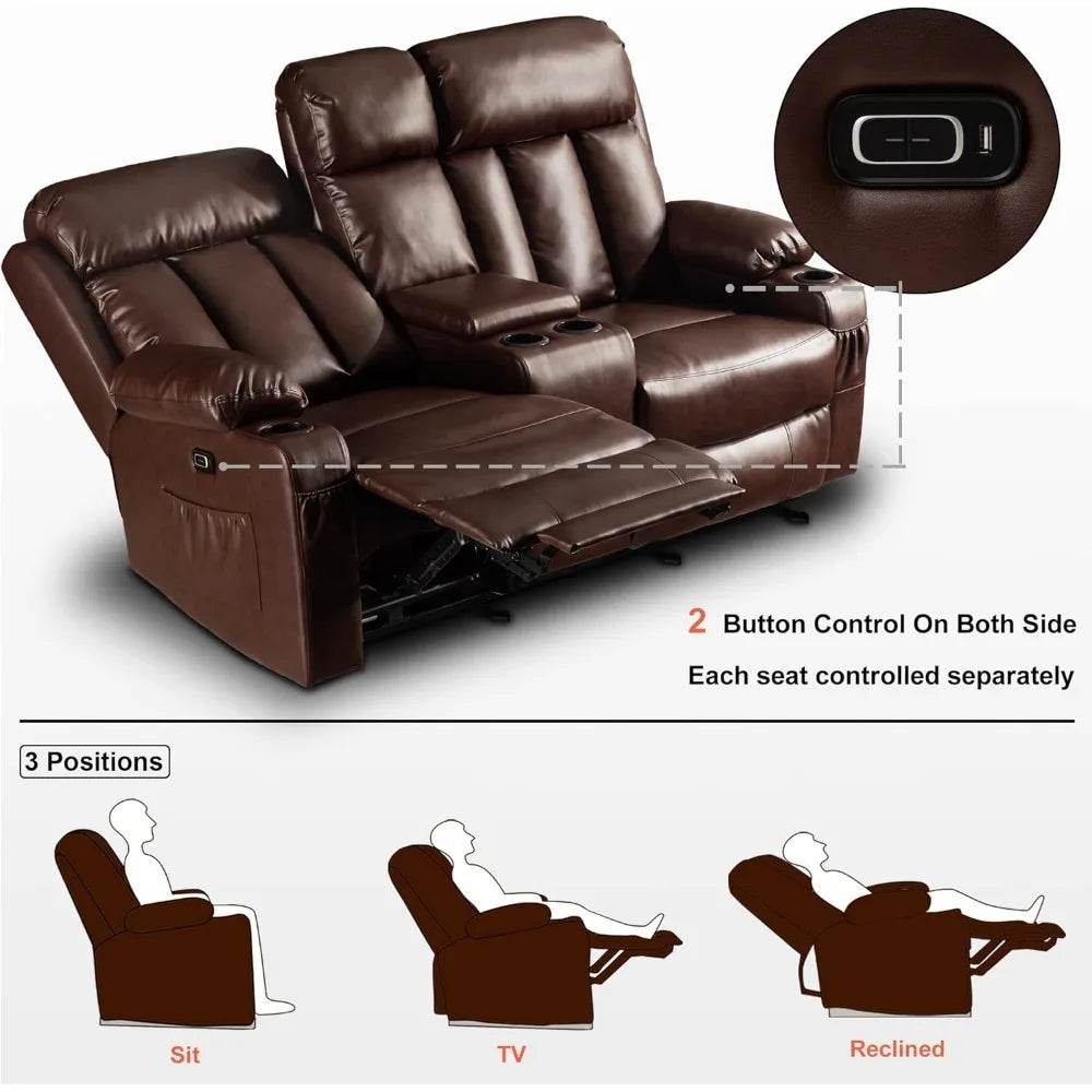 Electric Power Loveseat Recliner, Faux Leather Power Reclining Sofa with Heat and Massage, USB Ports, Cup Holders Living Room