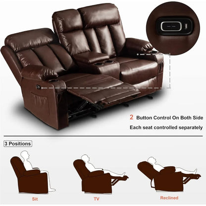 Electric Power Loveseat Recliner, Faux Leather Power Reclining Sofa with Heat and Massage, USB Ports, Cup Holders Living Room