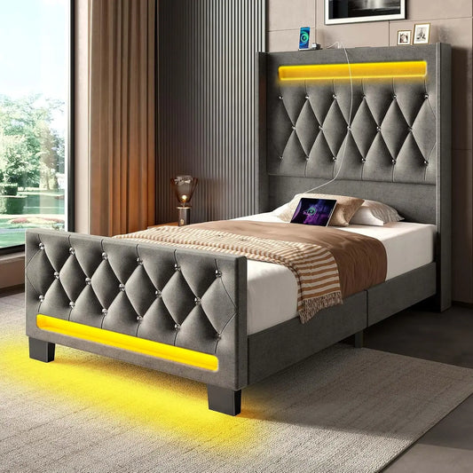 Twin Bed Frame with LED Light and Charging Station, Upholstered High Headboard and Footboard, Wood Slats, Noise Free, Easy Assem